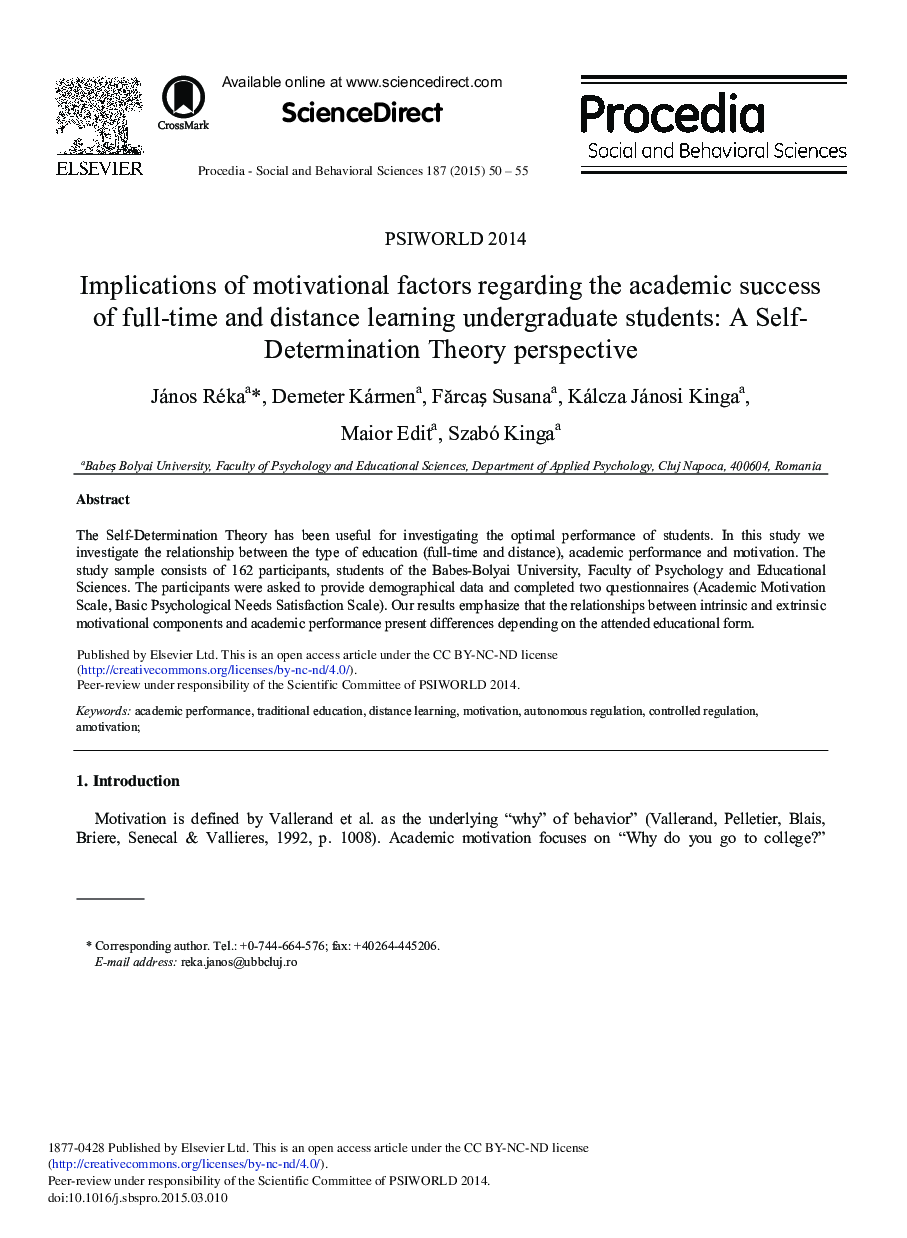 Implications of Motivational Factors Regarding the Academic Success of Full-time and Distance Learning Undergraduate Students: A Self-determination Theory Perspective 