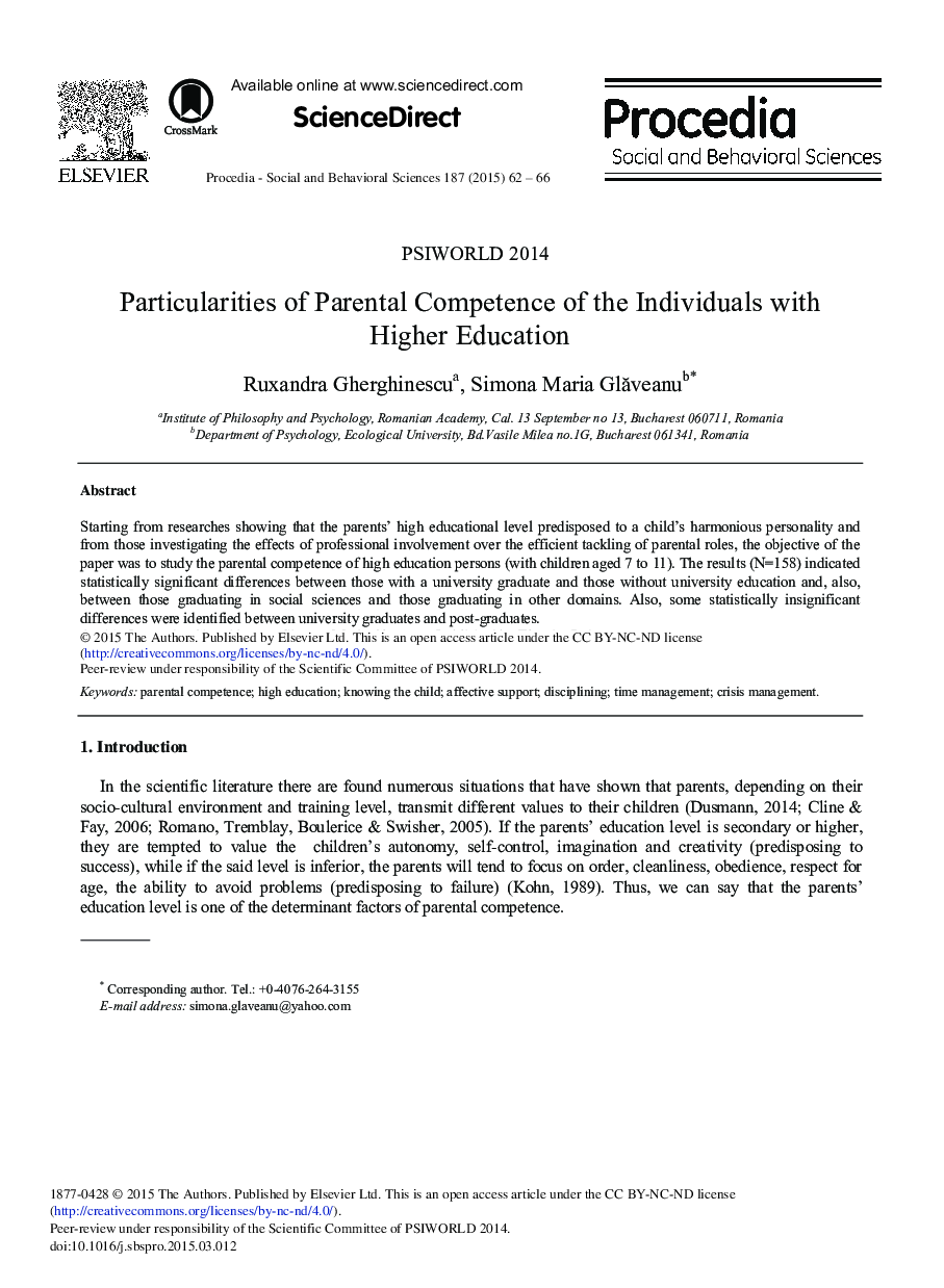 Particularities of Parental Competence of the Individuals with Higher Education 