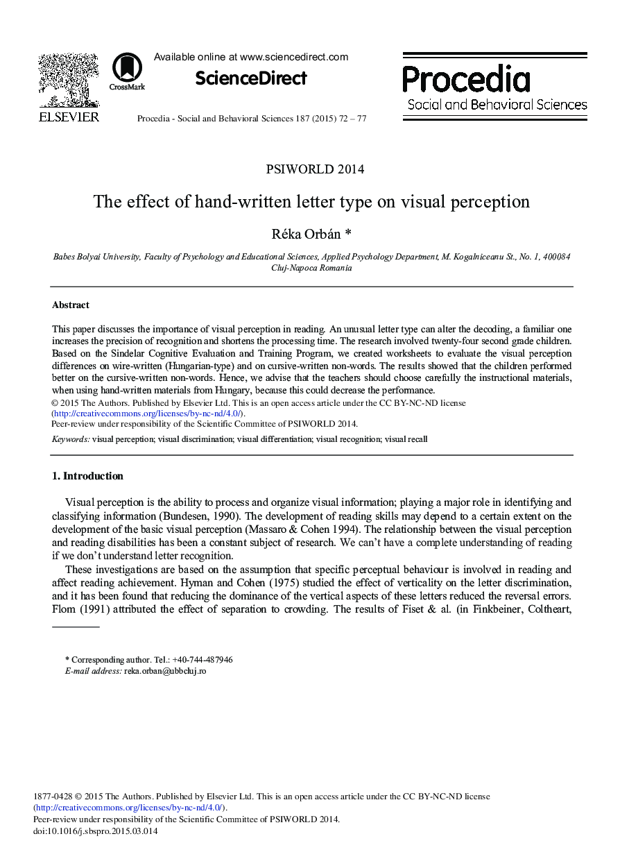 The Effect of Hand-written Letter Type on Visual Perception 