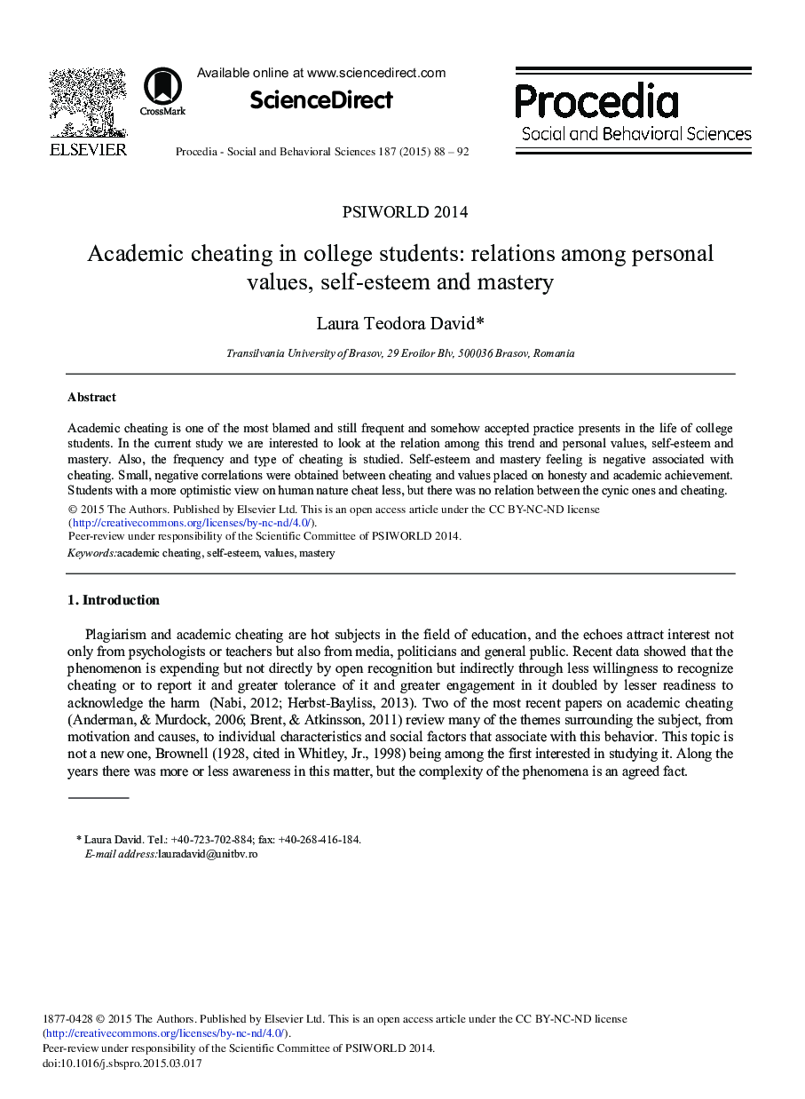 Academic Cheating in College Students: Relations among Personal Values, Self-esteem and Mastery 