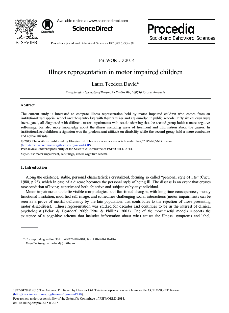 Illness Representation in Motor Impaired Children 