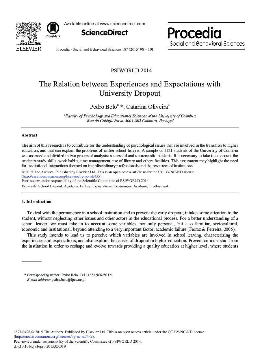 The Relation between Experiences and Expectations with University Dropout 