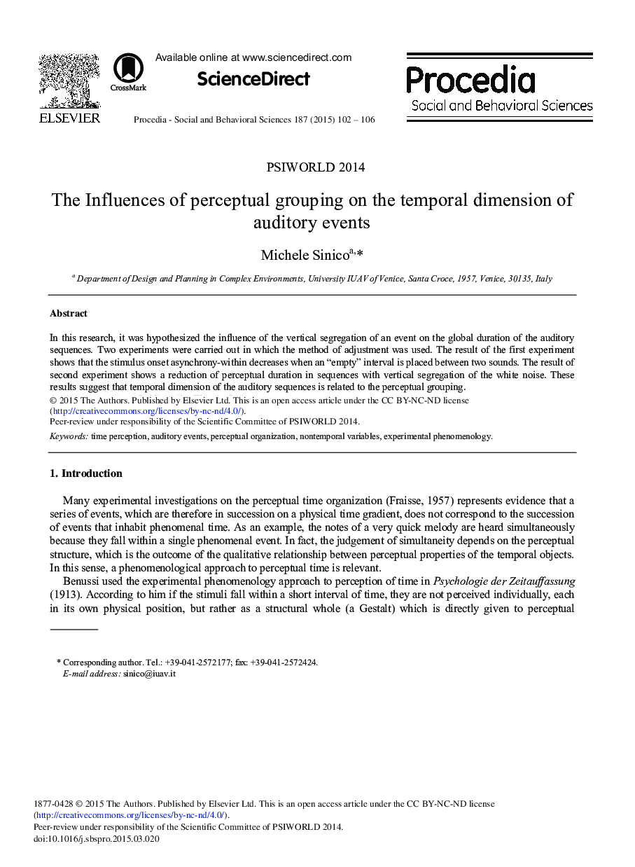 The Influences of Perceptual Grouping on the Temporal Dimension of Auditory Events 