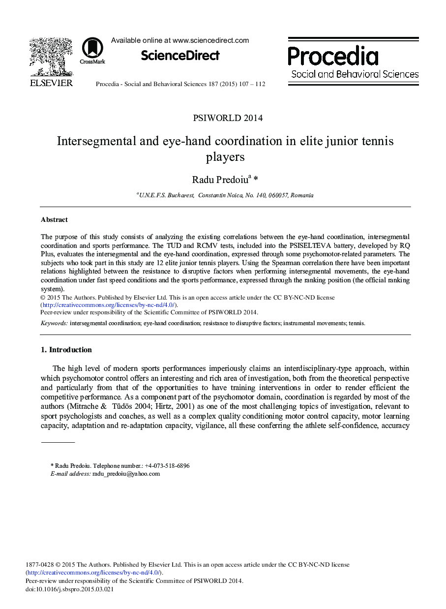 Intersegmental and Eye-hand Coordination in Elite Junior Tennis Players 