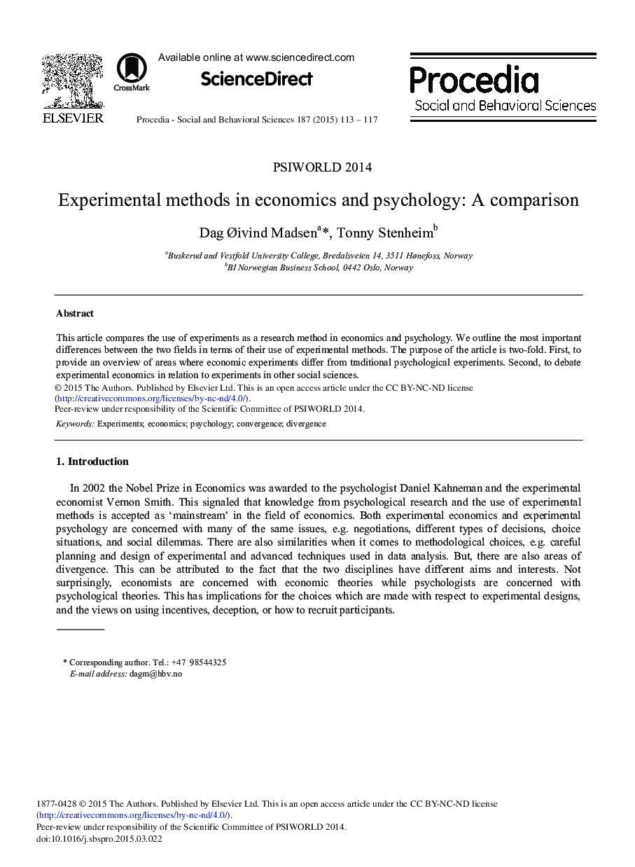 Experimental Methods in Economics and Psychology: A Comparison 