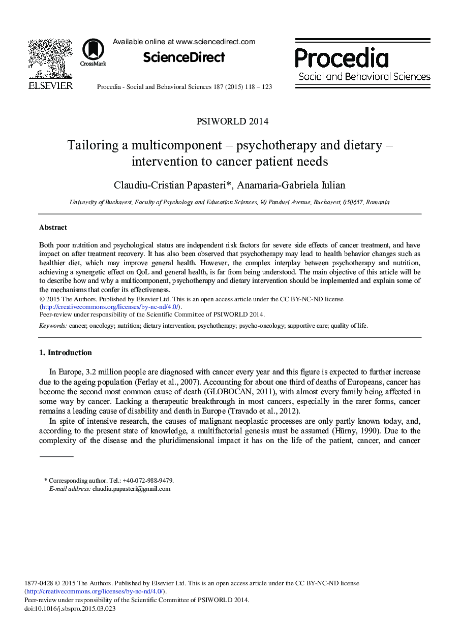 Tailoring a Multicomponent – Psychotherapy and Dietary – Intervention to Cancer Patient Needs 