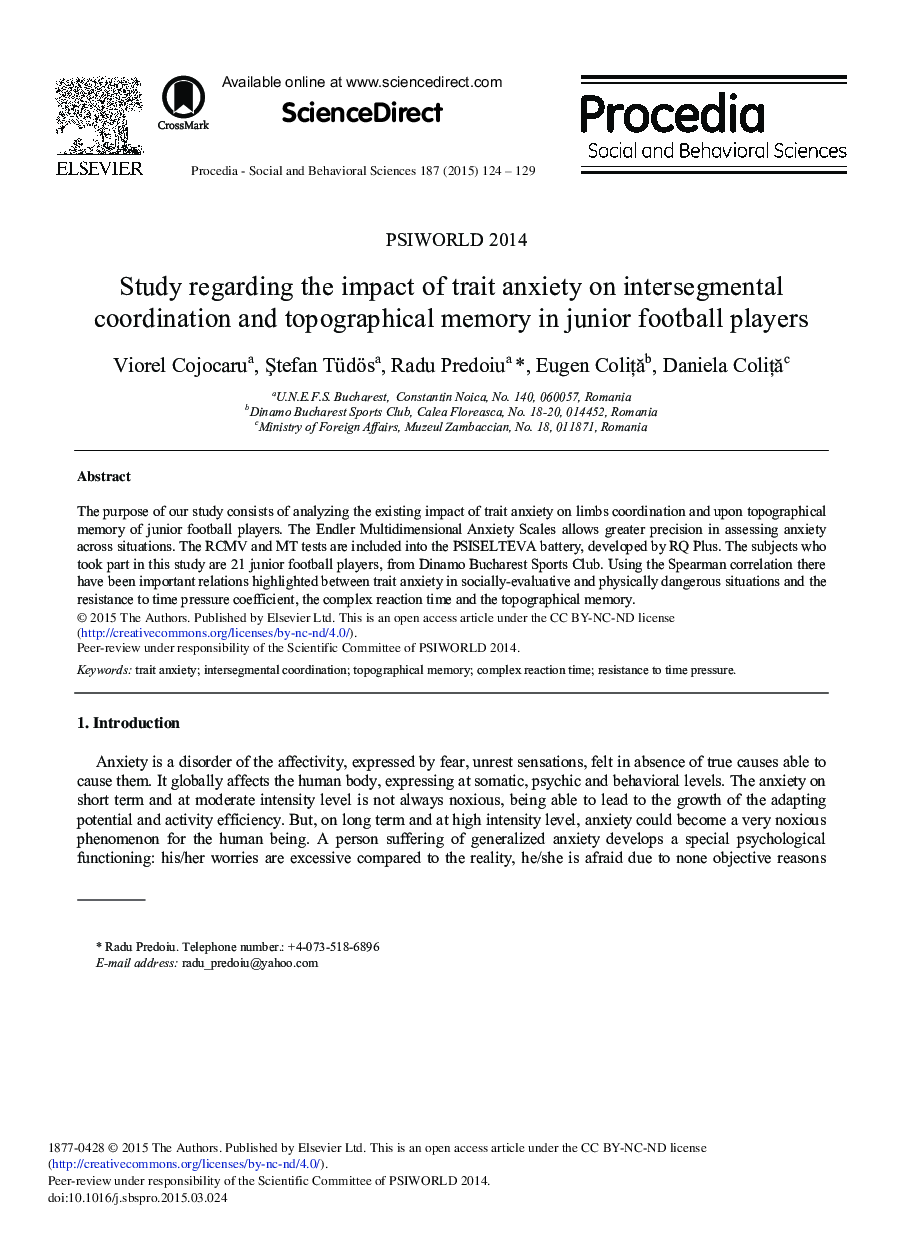 Study Regarding the Impact of Trait Anxiety on Intersegmental Coordination and Topographical Memory in Junior Football Players 