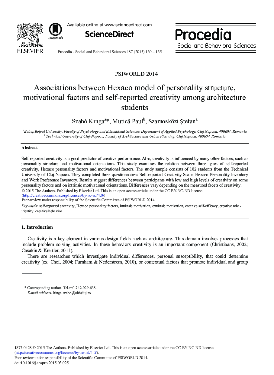 Associations Between Hexaco Model of Personality Structure, Motivational Factors and Self-reported Creativity Among Architecture Students 