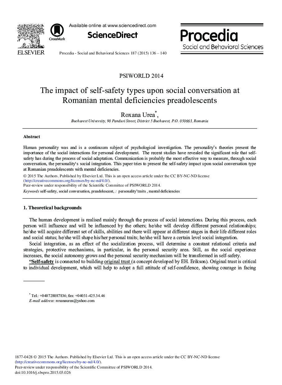 The Impact of Self-safety Types Upon Social Conversation at Romanian Mental Deficiencies Preadolescents 