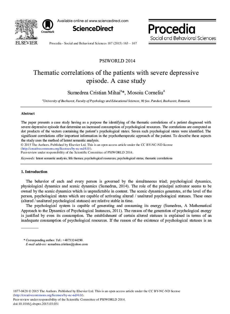 Thematic Correlations of the Patients with Severe Depressive Episode. A Case Study 