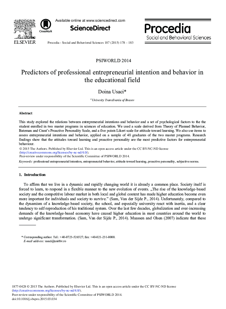 Predictors of Professional Entrepreneurial Intention and Behavior in the Educational Field 