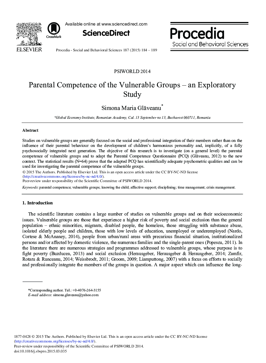 Parental Competence of the Vulnerable Groups – An Exploratory Study 