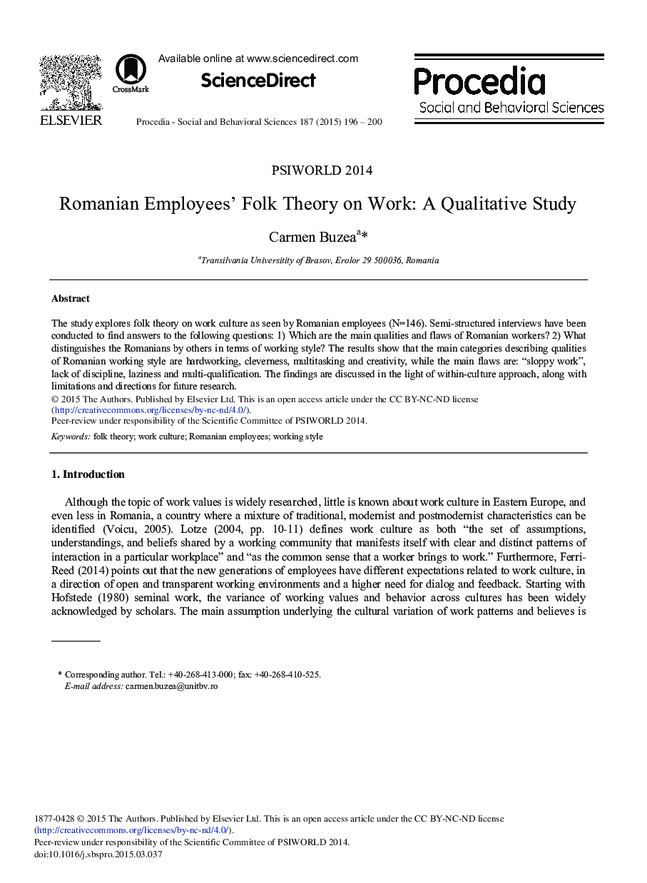 Romanian Employees’ Folk Theory on Work: A Qualitative Study 