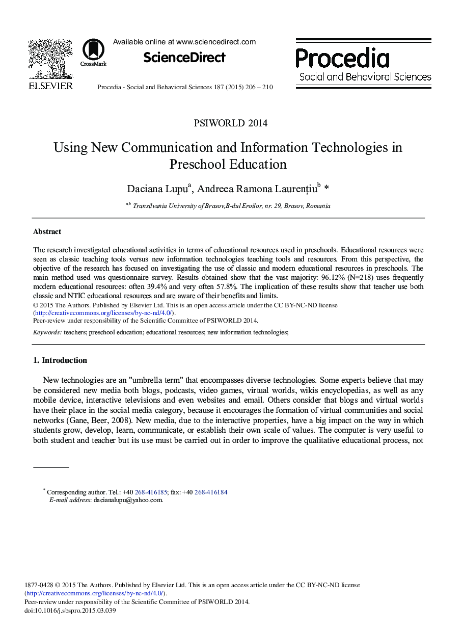 Using New Communication and Information Technologies in Preschool Education 