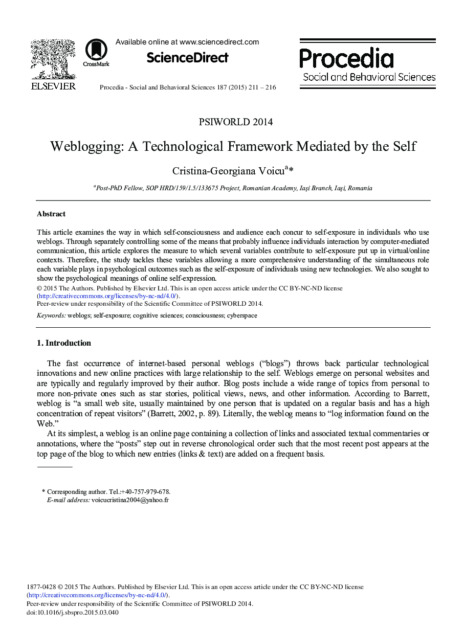 Weblogging: A Technological Framework Mediated by the Self 