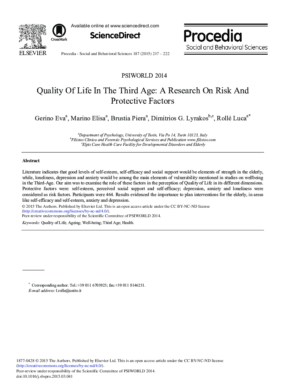 Quality of Life in the Third Age: A Research on Risk and Protective Factors 