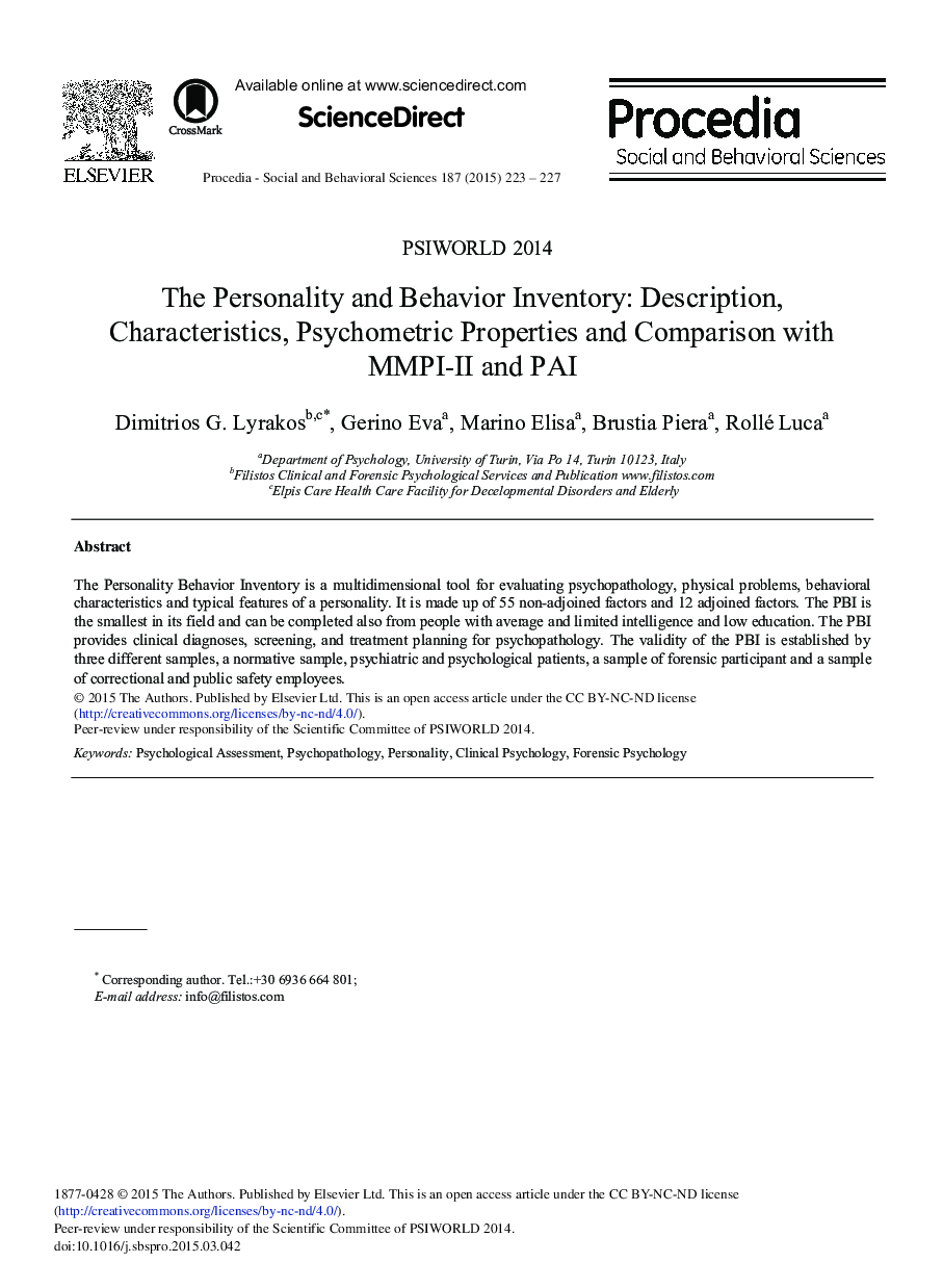 The Personality and Behavior Inventory: Description, Characteristics, Psychometric Properties and Comparison with MMPI-II and PAI 