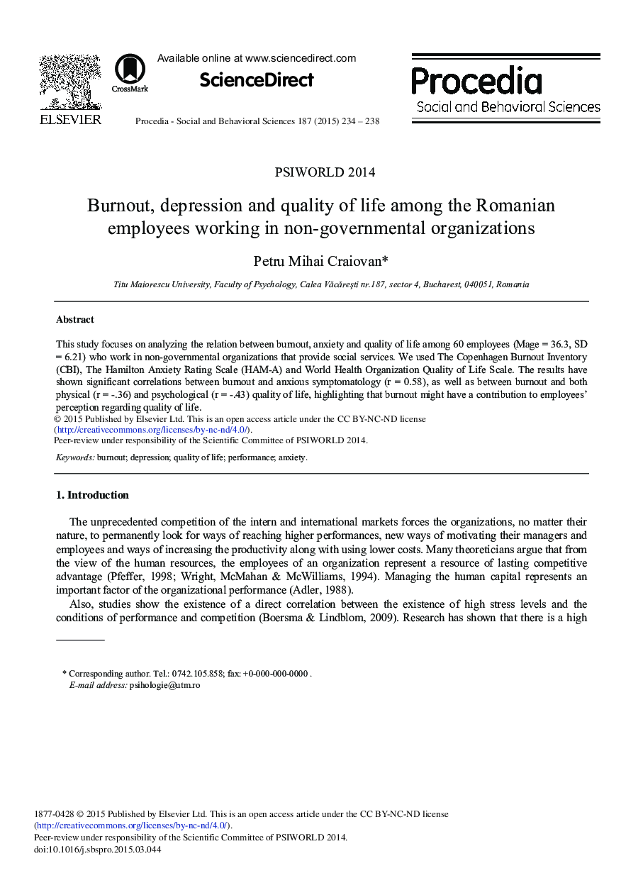 Burnout, Depression and Quality of Life among the Romanian Employees Working in Non-governmental Organizations 