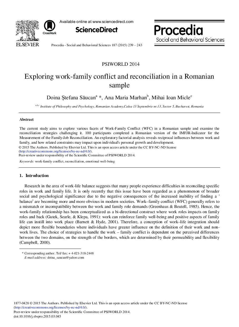 Exploring Work-family Conflict and Reconciliation in a Romanian Sample 