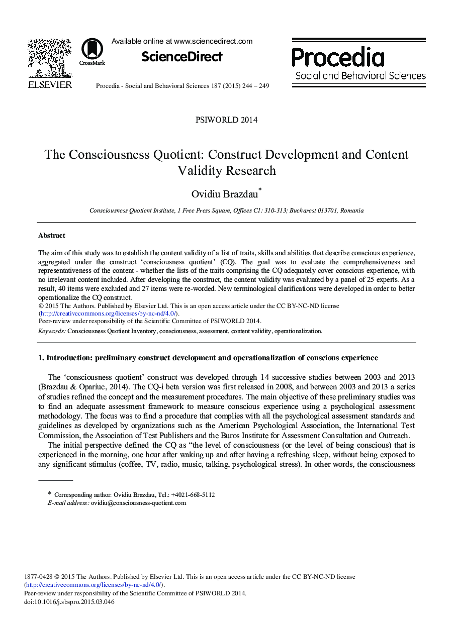 The Consciousness Quotient: Construct Development and Content Validity Research 