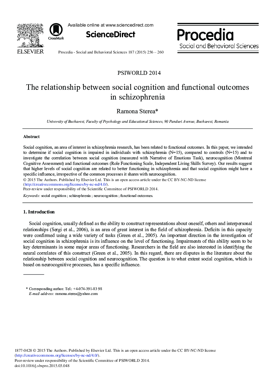 The Relationship Between Social Cognition and Functional Outcomes in Schizophrenia 