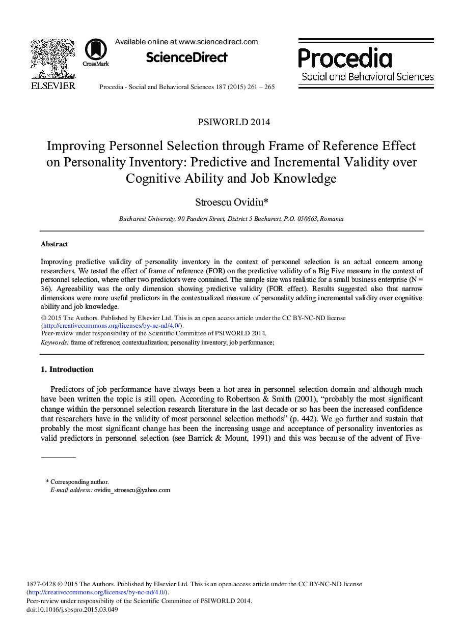 Improving Personnel Selection through Frame of Reference Effect on Personality Inventory: Predictive and Incremental Validity over Cognitive Ability and Job Knowledge 