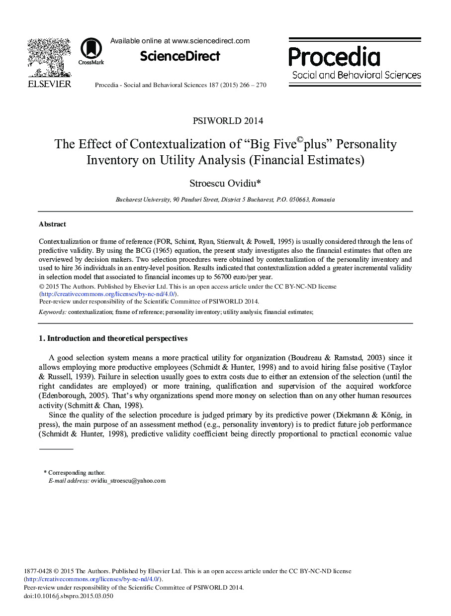 The Effect of Contextualization of “Big Five©plus” Personality Inventory on Utility Analysis (Financial Estimates) 