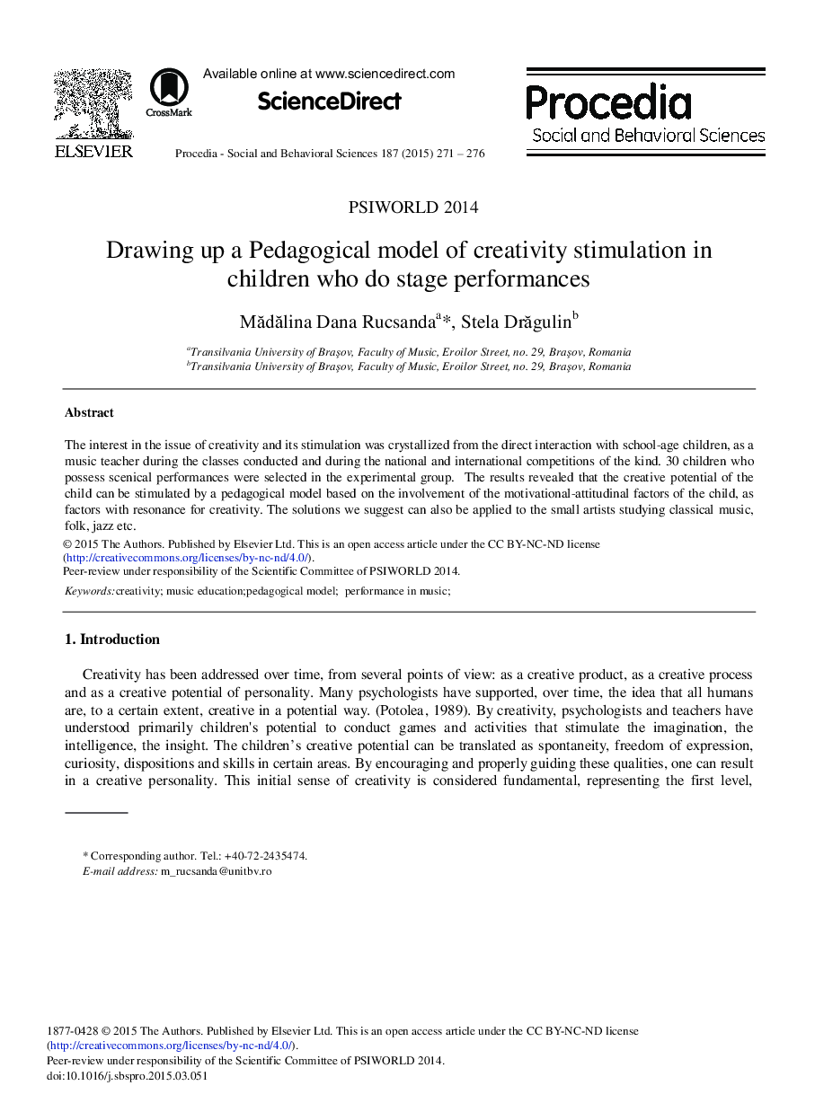 Drawing up a Pedagogical Model of Creativity Stimulation in Children Who Do Stage Performances 