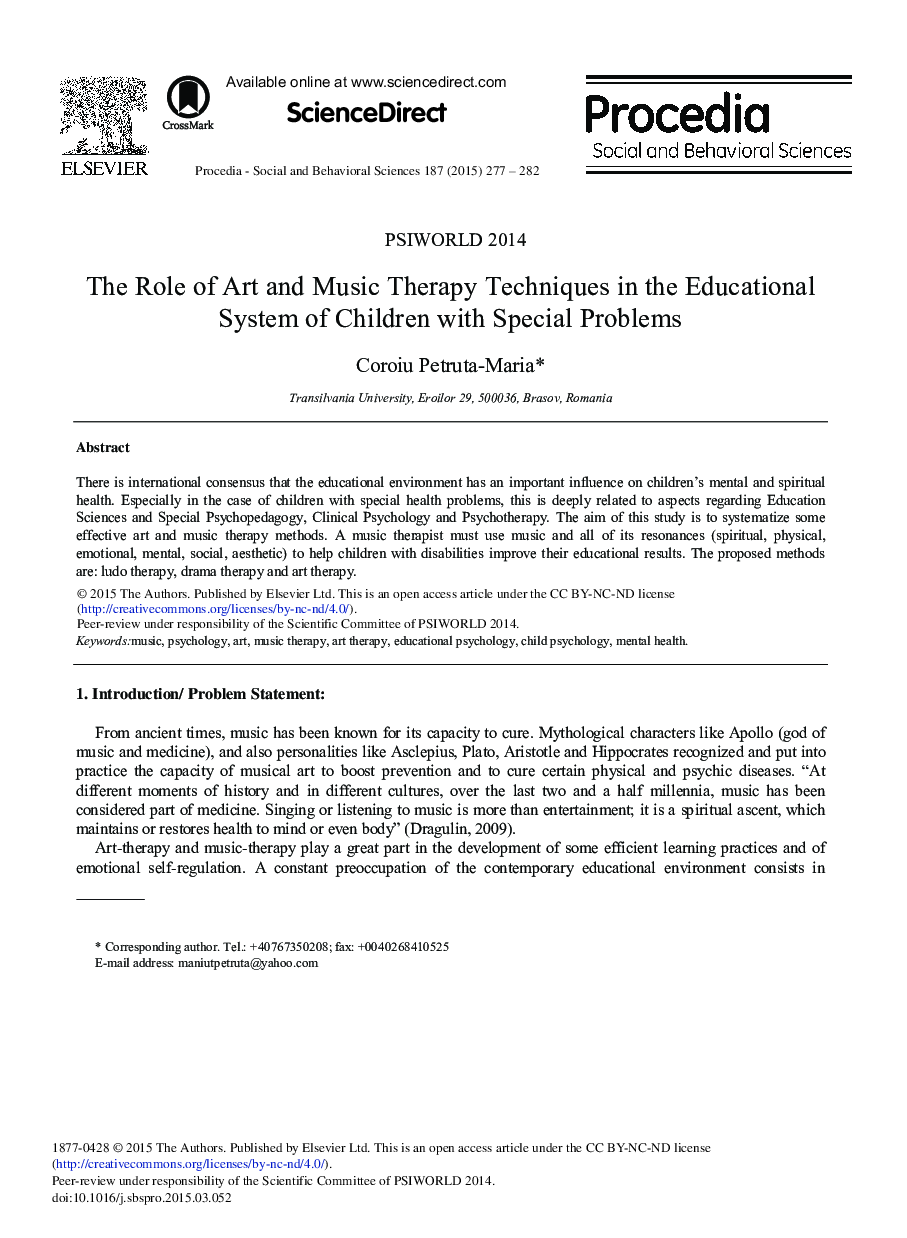 The Role of Art and Music Therapy Techniques in the Educational System of Children with Special Problems 