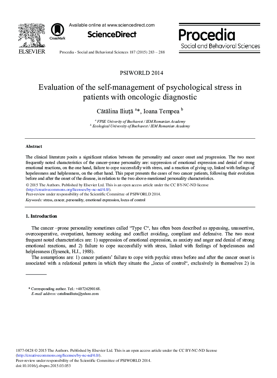 Evaluation of the Self-Management of Psychological Stress in Patients with Oncologic Diagnostic 