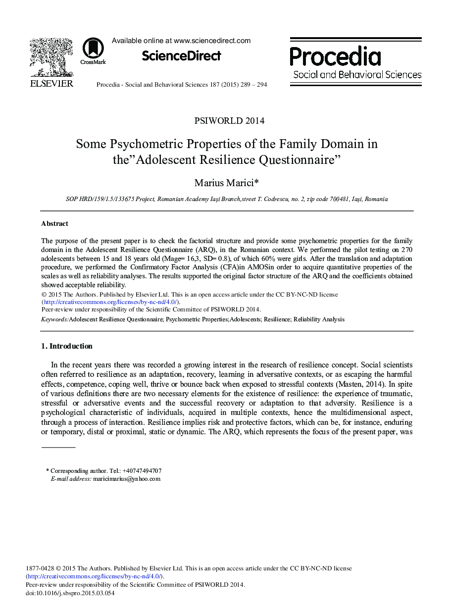 Some Psychometric Properties of the Family Domain in the “Adolescent Resilience Questionnaire” 