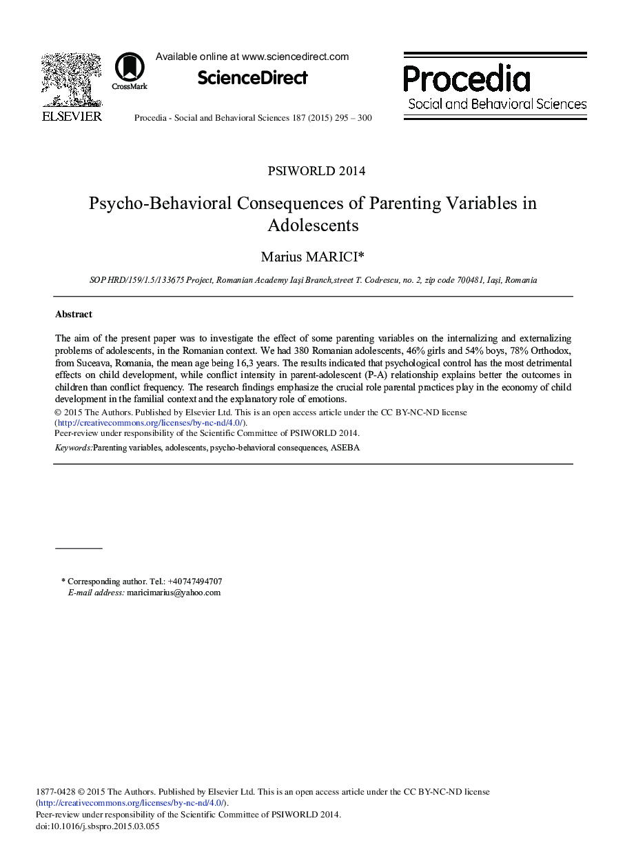 Psycho-Behavioral Consequences of Parenting Variables in Adolescents 