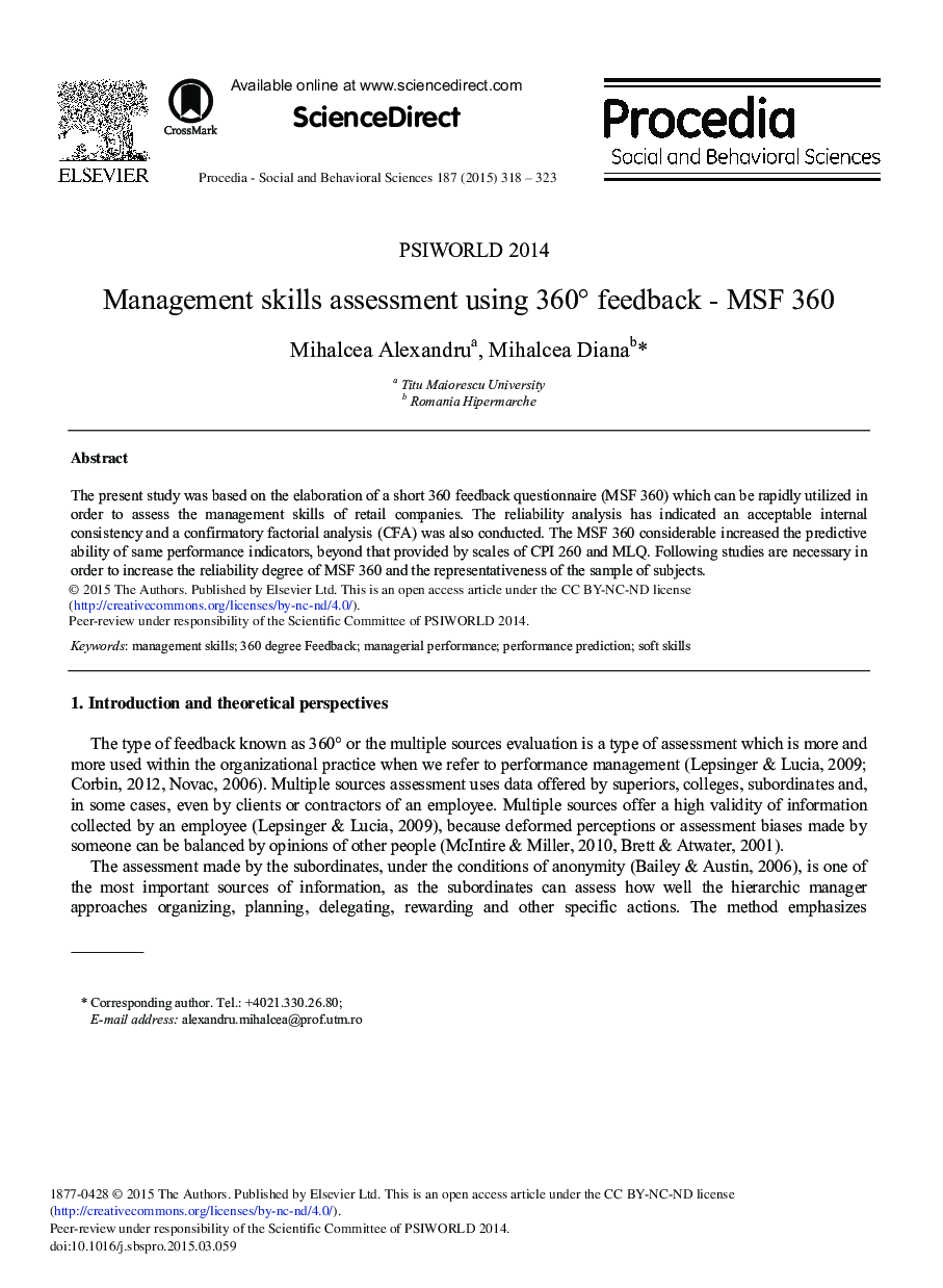 Management Skills Assessment Using 360° Feedback - Msf 360 