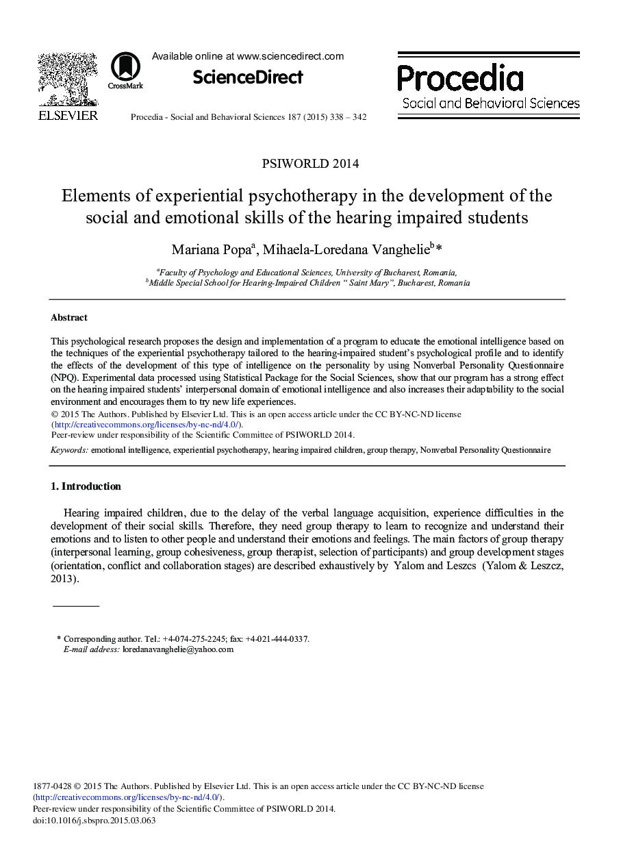 Elements of Experiential Psychotherapy in the Development of the Social and Emotional Skills of the Hearing Impaired Students 