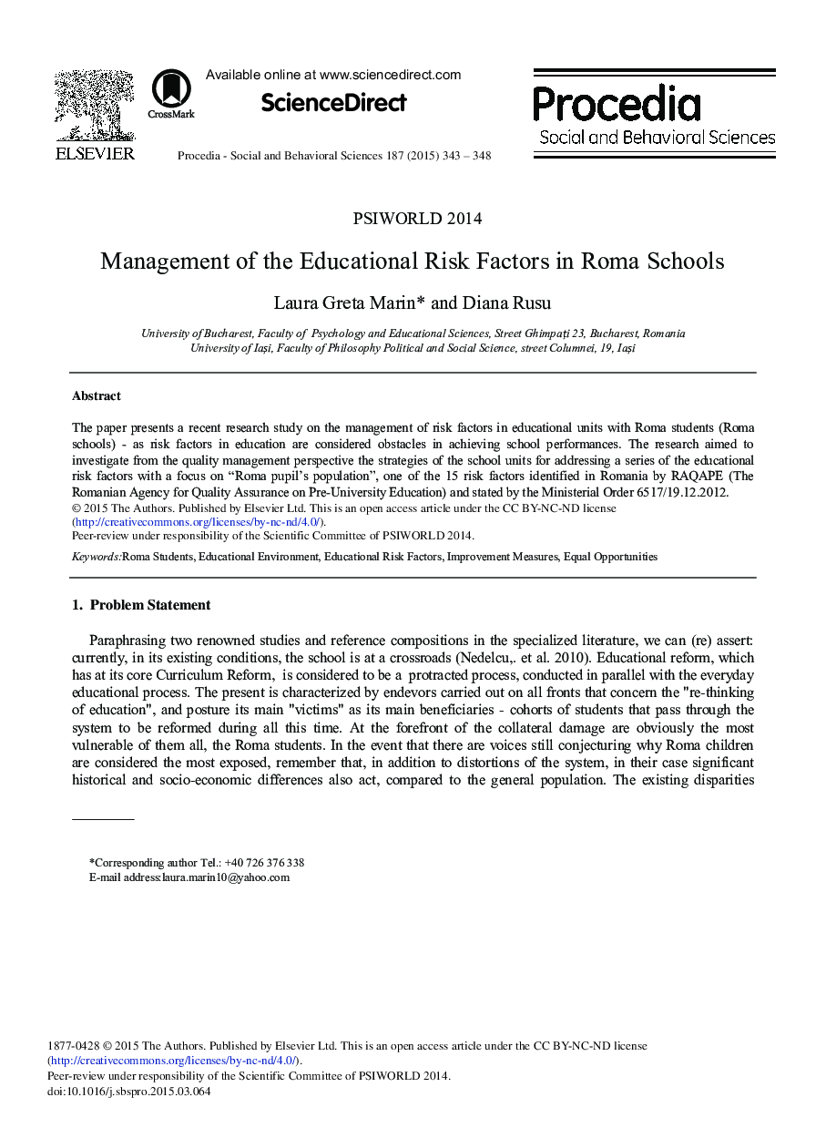 Management of the Educational Risk Factors in Roma Schools 