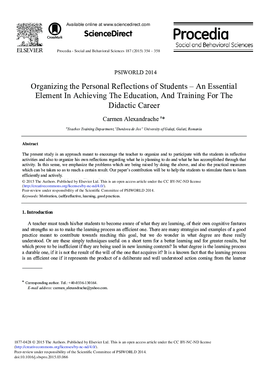 Organizing the Personal Reflections of Students – An Essential Element in Achieving the Education, and Training for the Didactic Career 