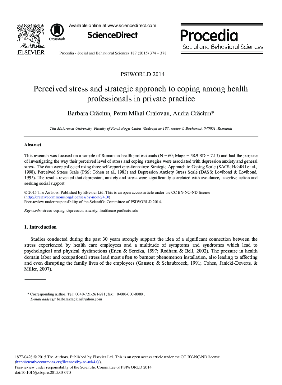 Perceived Stress and Strategic Approach to Coping among Health Professionals in Private Practice 