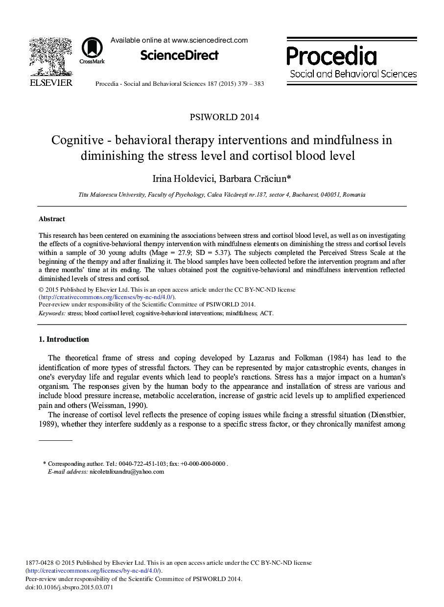 Cognitive – Behavioral Therapy Interventions and Mindfulness in Diminishing the Stress Level and Cortisol Blood Level 