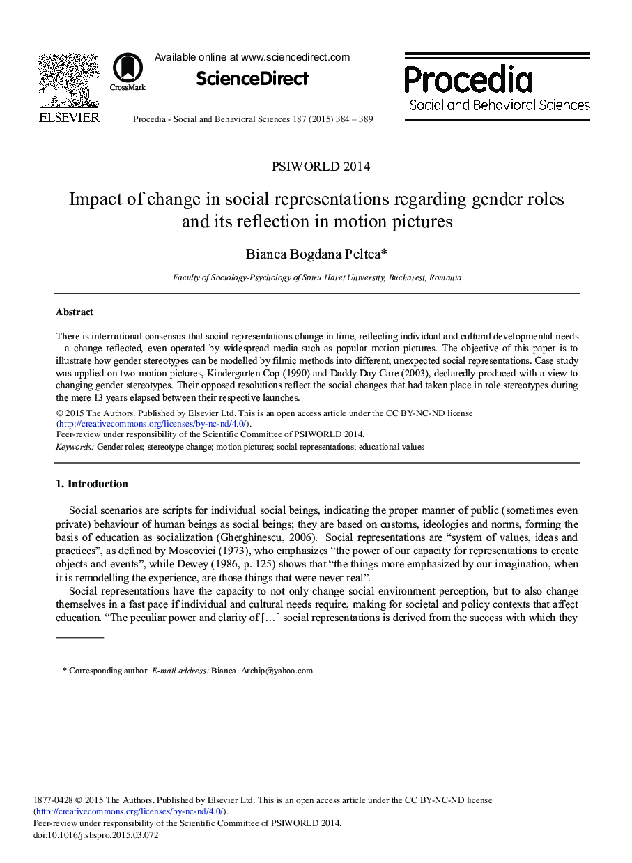 Impact of Change in Social Representations Regarding Gender Roles and its Reflection in Motion Pictures 