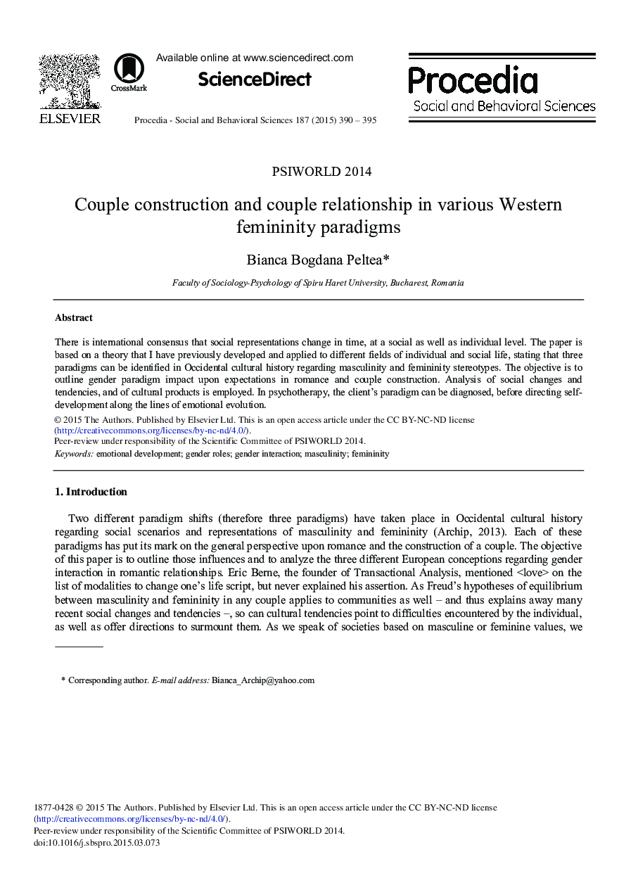 Couple Construction and Couple Relationship in Various Western Femininity Paradigms 