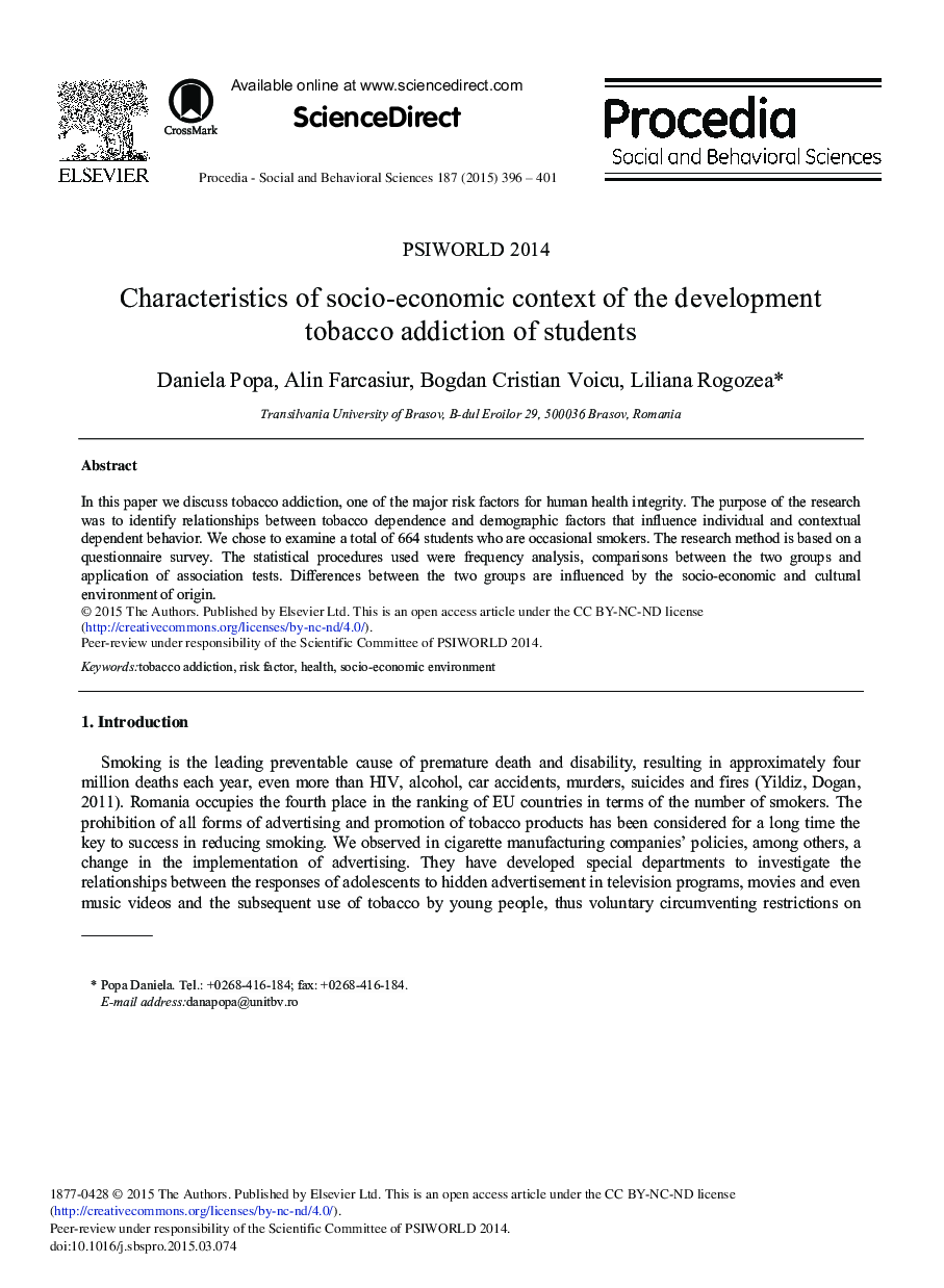 Characteristics of Socio-economic Context of the Development Tobacco Addiction of Students 