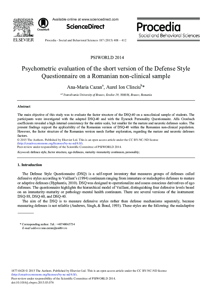 Psychometric Evaluation of the Short Version of the Defense Style Questionnaire on a Romanian Non-clinical Sample 