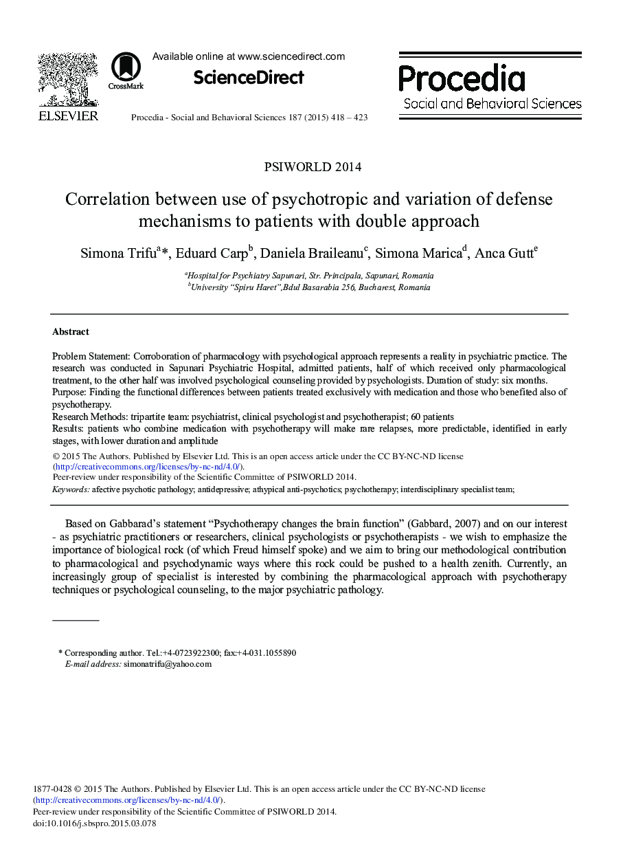 Correlation between Use of Psychotropic and Variation of Defense Mechanisms to Patients with Double Approach 