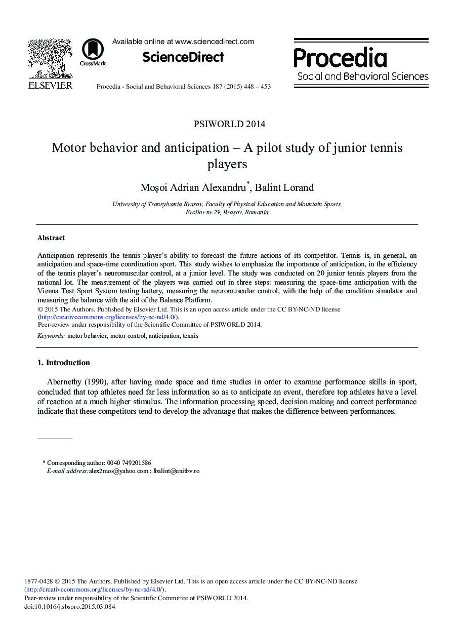 Motor Behavior and Anticipation – A Pilot Study of Junior Tennis Players 