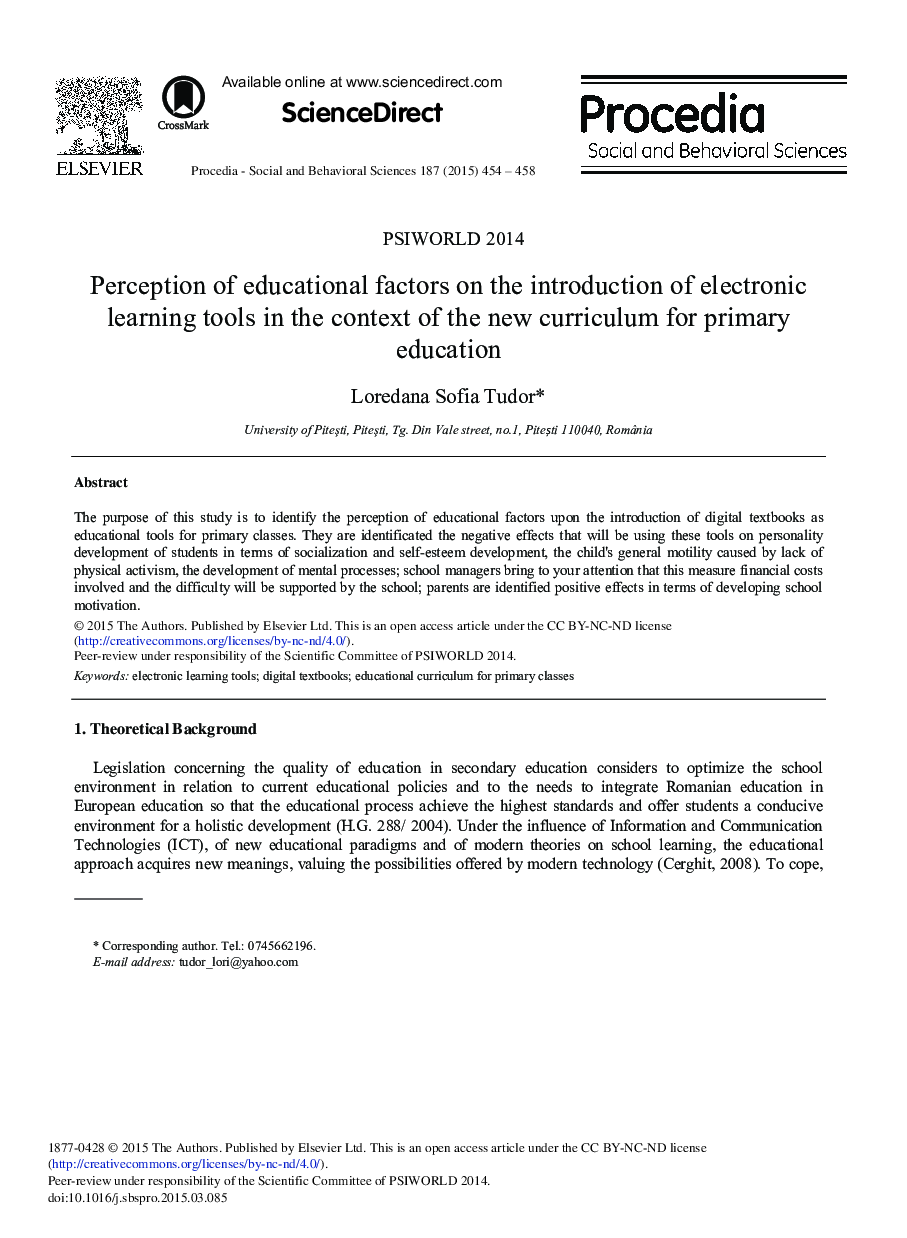 Perception of Educational Factors on the Introduction of Electronic Learning Tools in the Context of the New Curriculum for Primary Education 