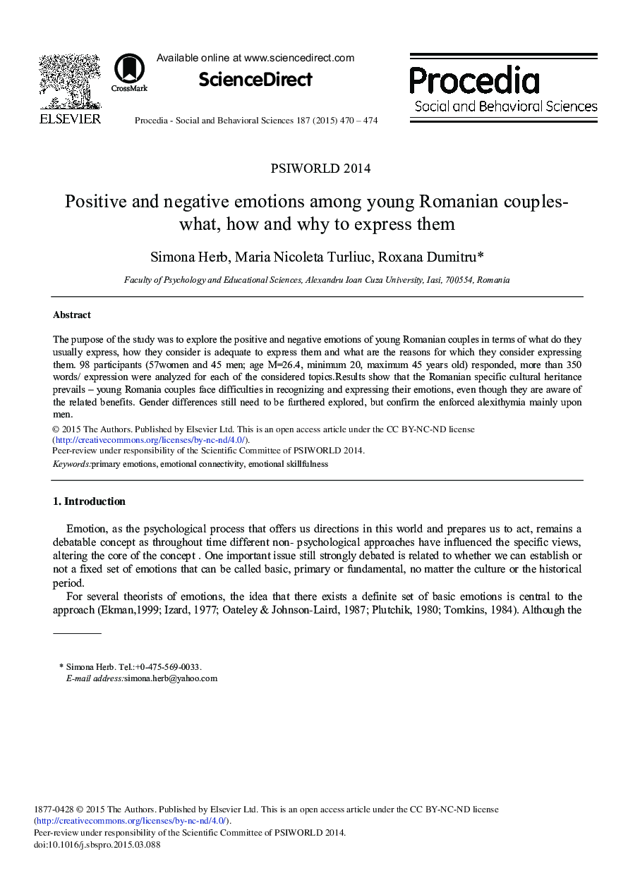 Positive and Negative Emotions Among Young Romanian couples – What, How and Why to Express Them 