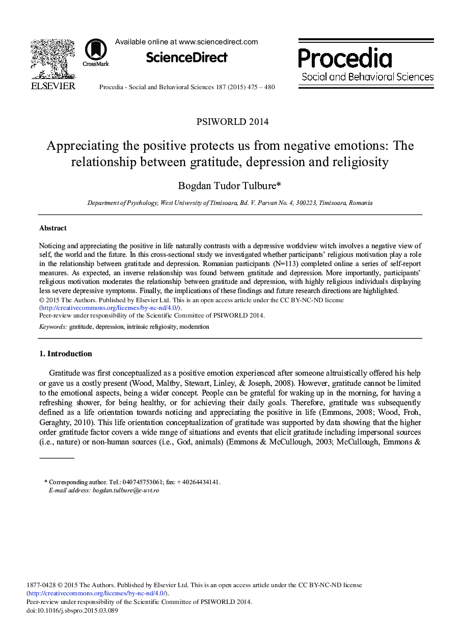 Appreciating the Positive Protects us from Negative Emotions: The Relationship between gratitude, Depression and Religiosity 