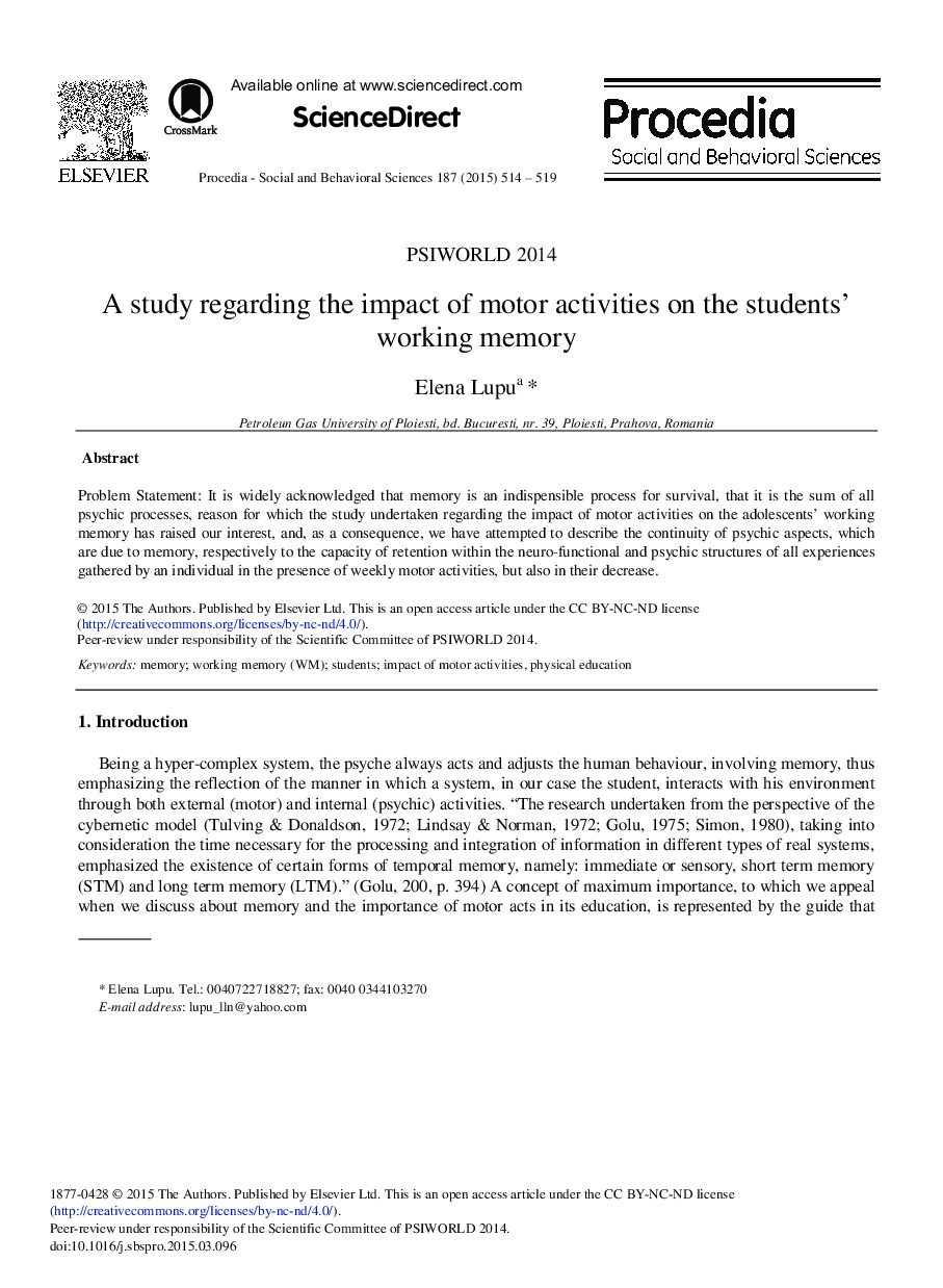 A Study Regarding the Impact of Motor Activities on the Students’ Working Memory 