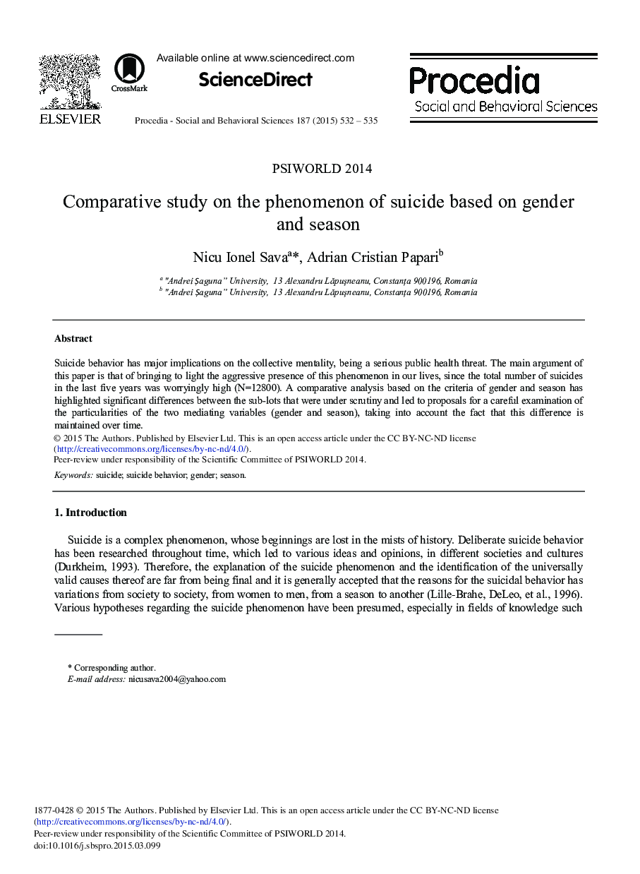 Comparative Study on the Phenomenon of Suicide Based on Gender and Season 