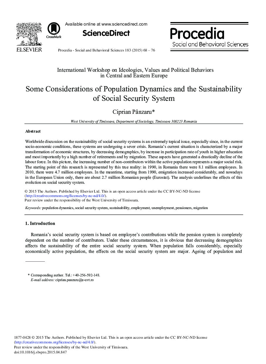 Some Considerations of Population Dynamics and the Sustainability of Social Security System 